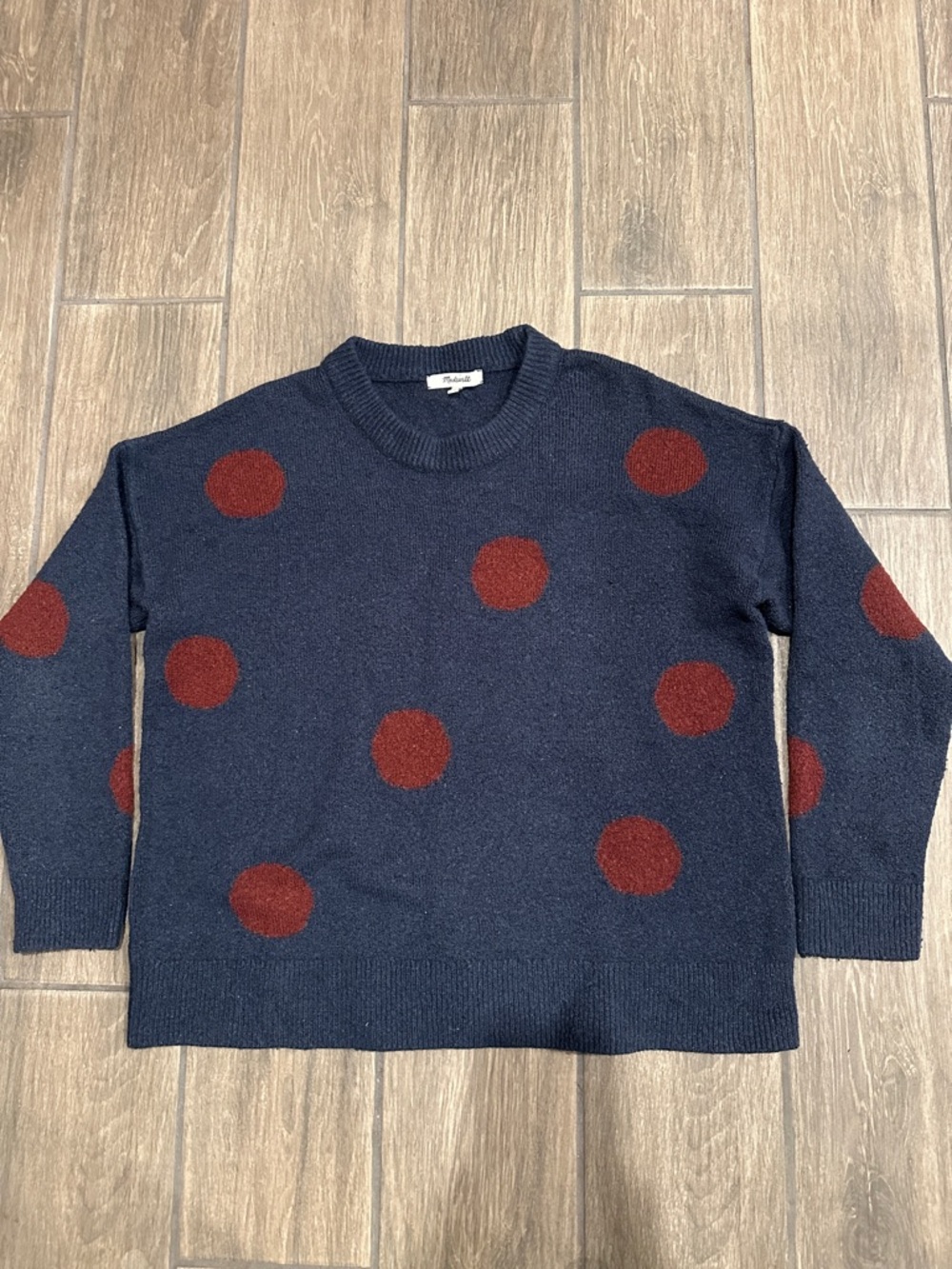 Madewell Navy Crewneck Sweater with Rust Polka Dots. Wool Blend. Size Small
